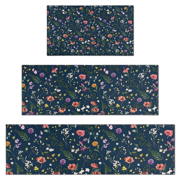 Pioneer Flower Floral Print Pattern Kitchen Rugs Sets Of 3,Kitchen Runner Rugs Non Skid Washable,Decorative Kitchen Floor Mats for Kitchen,Sink,Laundry,17"x30" 17"x47" 17"x59"