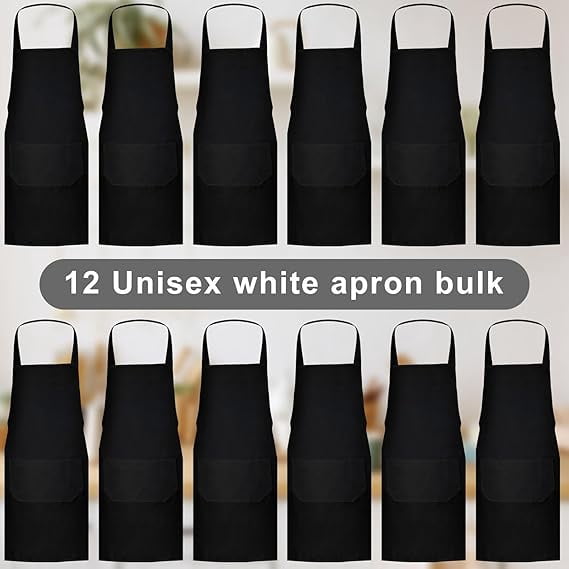 12 Pack Bib Apron,Unisex Black Plain Aprons,Aprons Bulk with 2 Pockets,Bib Aprons with Long Ties, 23 x 28 Inch