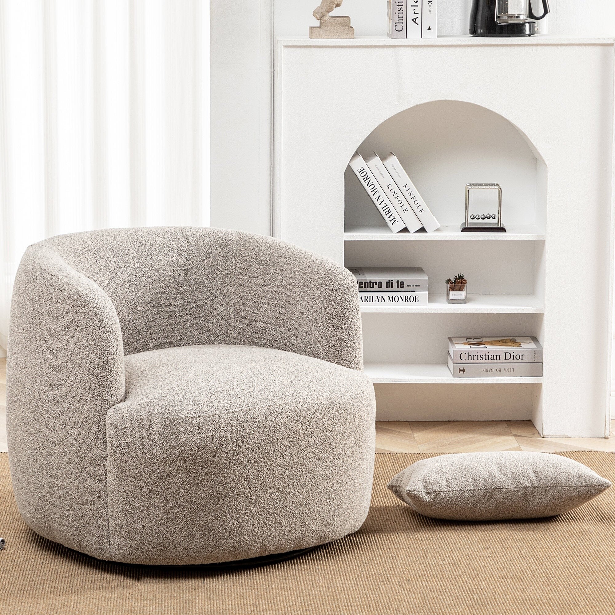 Poly Blend Boucle Fabric Upholstered Swivel Armchair Taupe - Walmart.com