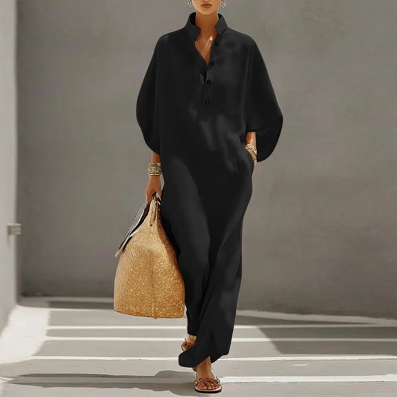 Odbmxy Maxi Dresses for Women Fall 3/4 Sleeve Cotton Linen Tunic Button Shirt Dresses for Women Oversized Holiday Shift