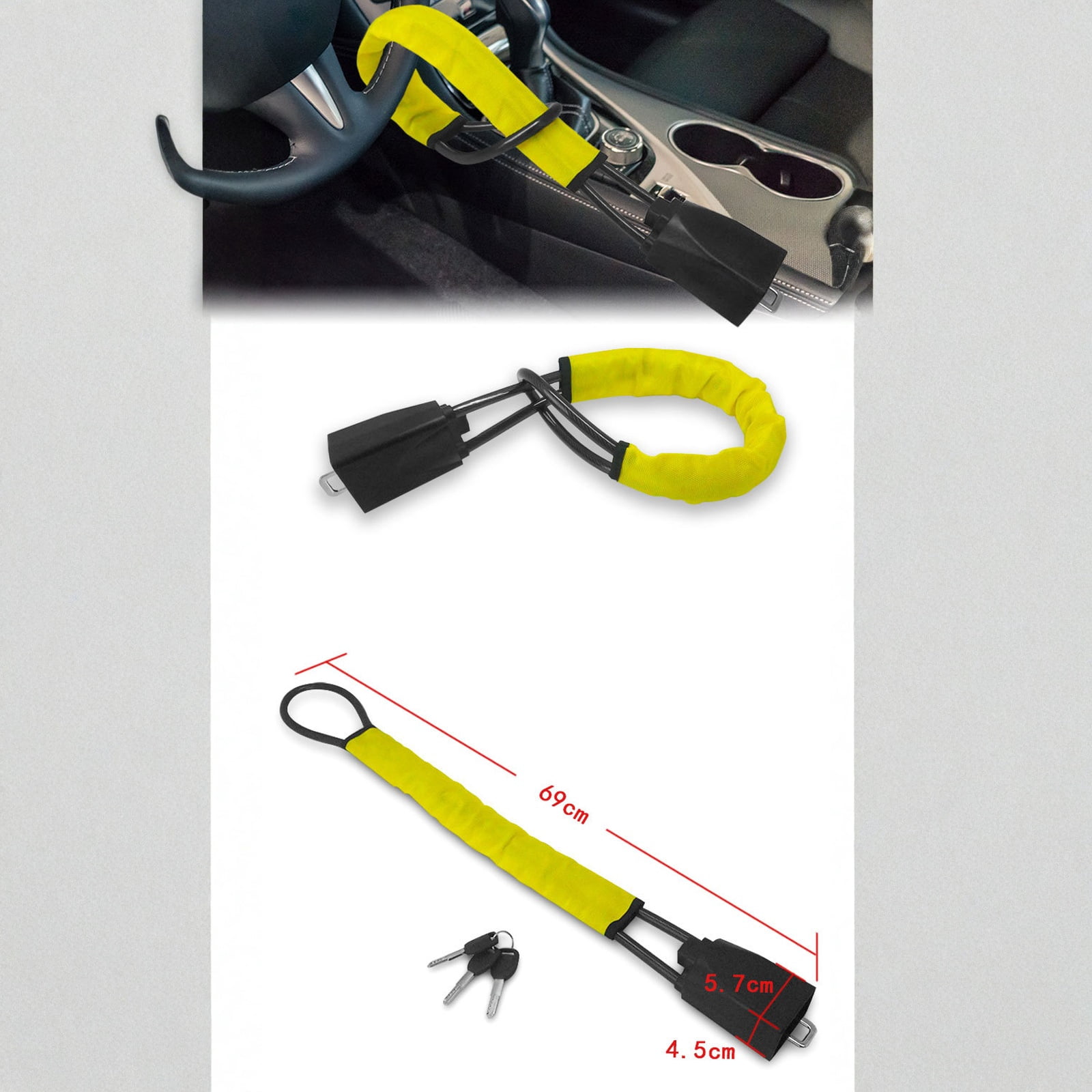 Car Steering Wheel Lock With Seat Belt Socket Steel Rope High Tension Shear Resistant Solid Structure Universal Anti-Theft Device For Cars Trucks Suv Van Rv With Three Keys