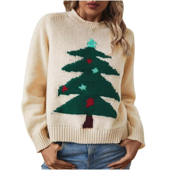 Guluxicc Christmas Sweaters for Women Trendy Crewneck Long Sleeve Sweaters Outfits Winter Warm Holiday Party Pullover Tops, Beige, L