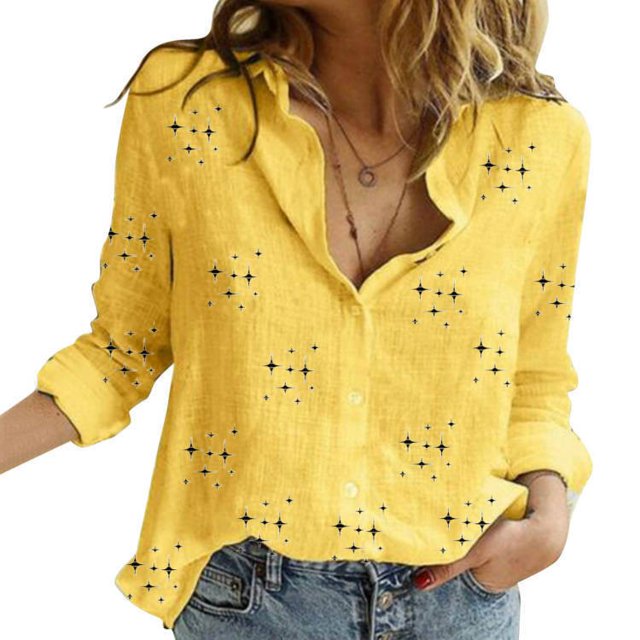 ICHUANYI Clearance Women's Vintage Casual Printing V-Neck Long Sleeve Tops(Yellow, M) ICHUANYI WER2023080900543
