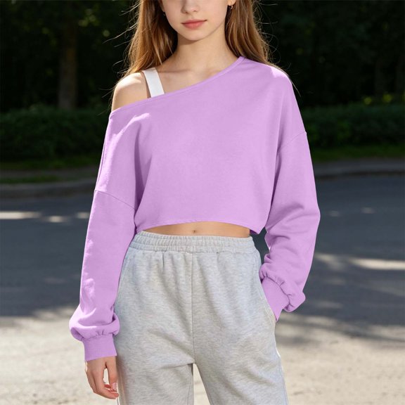 Mifsaly Girls Cropped Sweatshirts off the Shoulder Long Sleeve Pullover Tops Fall Winter Casual Loose Fit Active Loungewear
