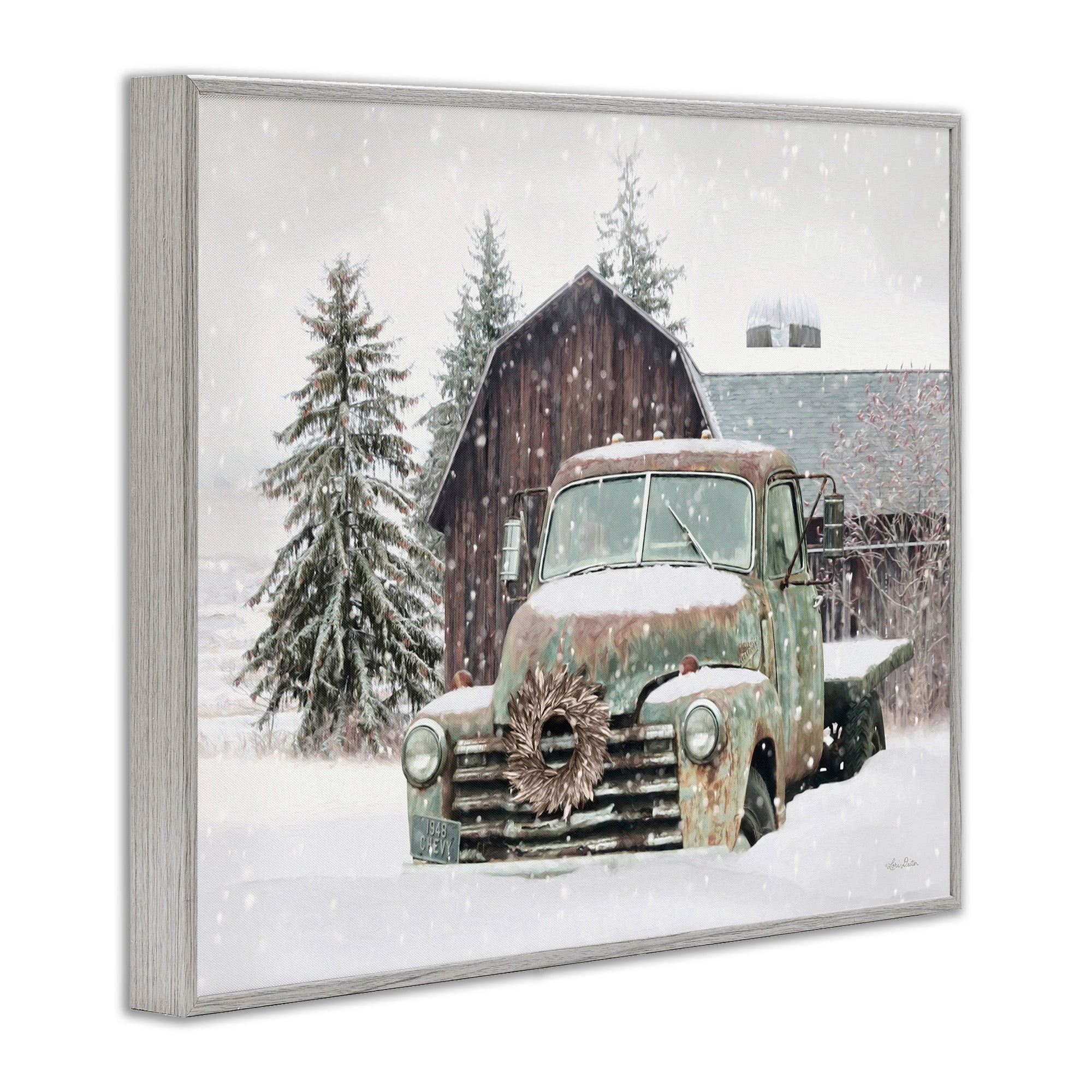 Rural Vintage Truck & Barn Snowy Winter Landscape Transportation Painting Framed Art Print Wall Art