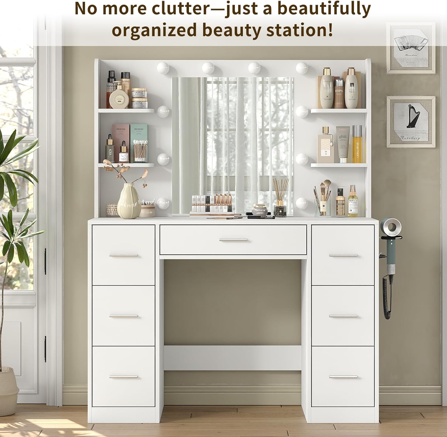 Makeup Vanity Desk with Lights and Mirror ,Dressing Table with 7 Drawers, Power Outlets, 3 Light Modes for Bedroom, White