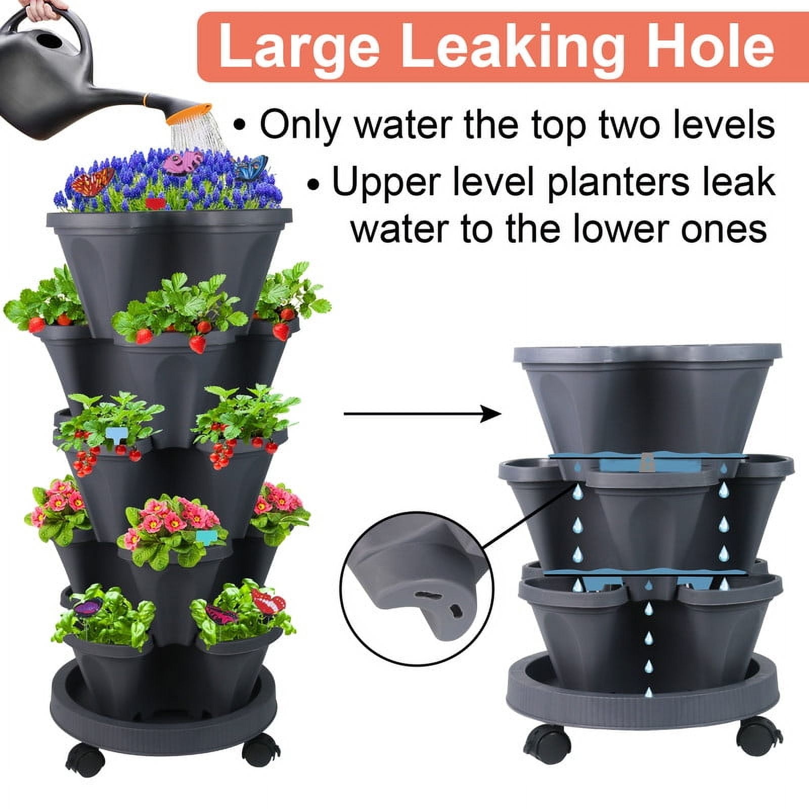 2Pack 5 Tier Vertical Garden Stackable Planter With Accessories for Vegetables, Flowers, Herbs, Succulents, Microgreen Gardening - Dark Gray