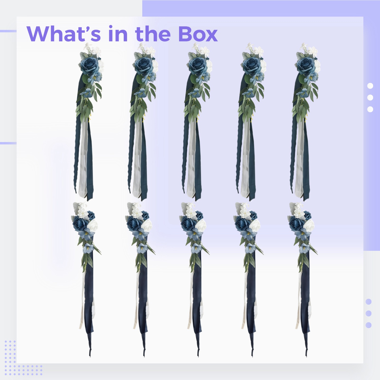 10 Pcs Wedding Aisle Chair Decorations, Pew Flowers for Wedding Ceremony Aisle, Blue and White Flower Combination, Artificial Flowers with Silk Ribbon, Ideal for Indoor and Outdoor Ceremonies