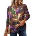 thumbnail image 5 of Mardi Gras Shirts Womens Glitter Feathers Print Long Sleeve Blouse Carnival Crew Neck Novelty Graphic Tee Gold 2XL, 5 of 6