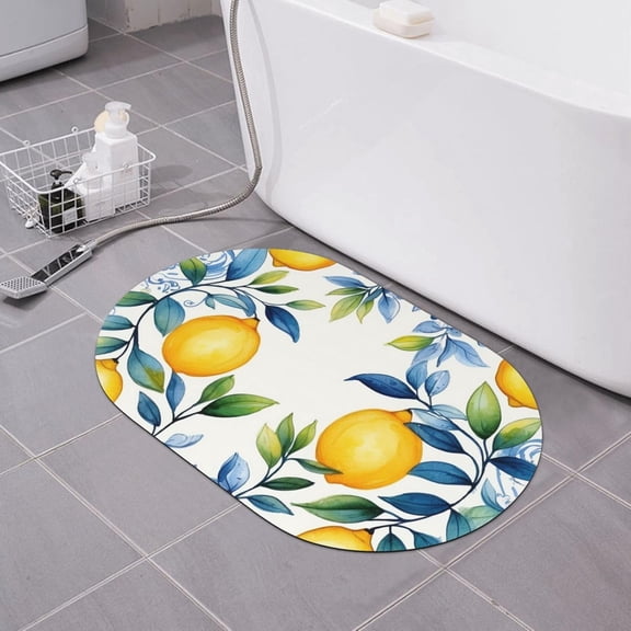 Ethnic Lemon Bath Mat Floral Leaves Diatomaceous Earth Bathroom Rugs Absorbent Stone Bath Mat Fast Drying Shower Rug Non Slip Doormat 15.7" x 23.6"