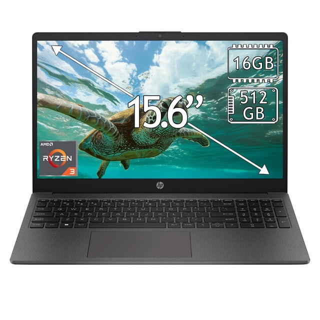 laptop hp 255 g10 ryzen 3 16gb 512gb 15.6" negro Vista frontal de la laptop HP 255 G10 en negro con pantalla Full HD de 15.6" y biseles delgados, teclado chiclet de tamaño completo, logo HP centrado bajo la pantalla, insignia Ryzen 3 y gráficos en pantalla que indican 16GB y 512GB; reposamanos con textura. A menudo usada para tareas de oficina y estudio.