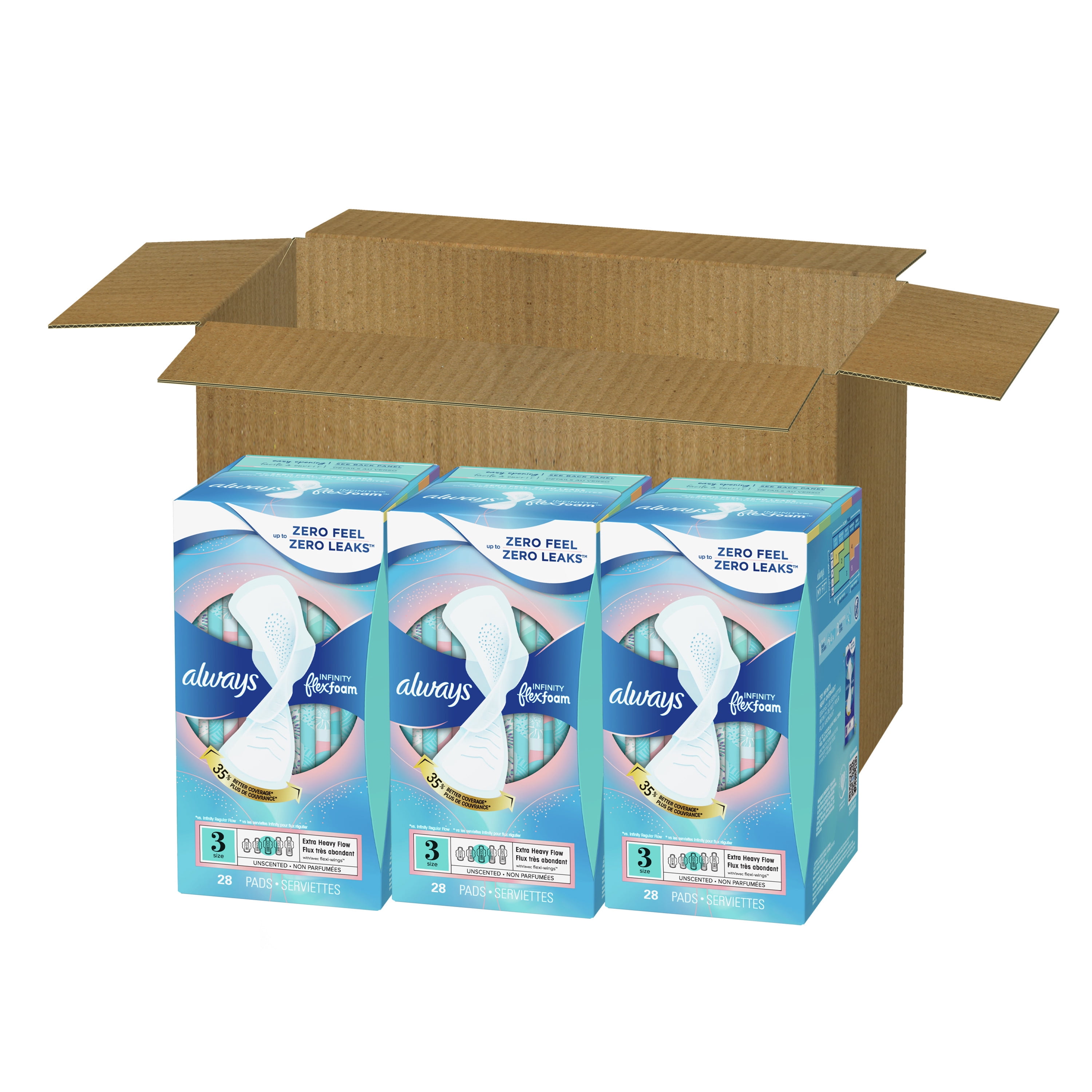Always Infinity Feminine Pads for Women, Size 3, Extra Heavy Flow, with Wings, Unscented, 84 Ct