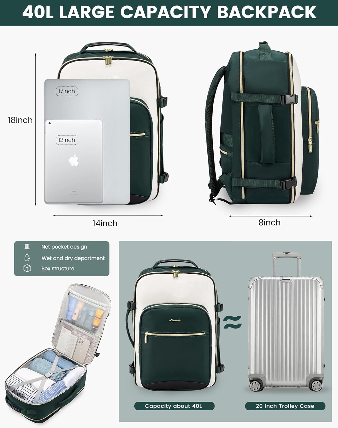 LOVEVOOK Large Travel Backpack for Women & Men, 40L Carry on Backpack for Airplanes, TSA Personal Item Travel Bag fits 17" Laptop, Waterproof Travel Essentials Airline Approved with 3 Packing Cubes