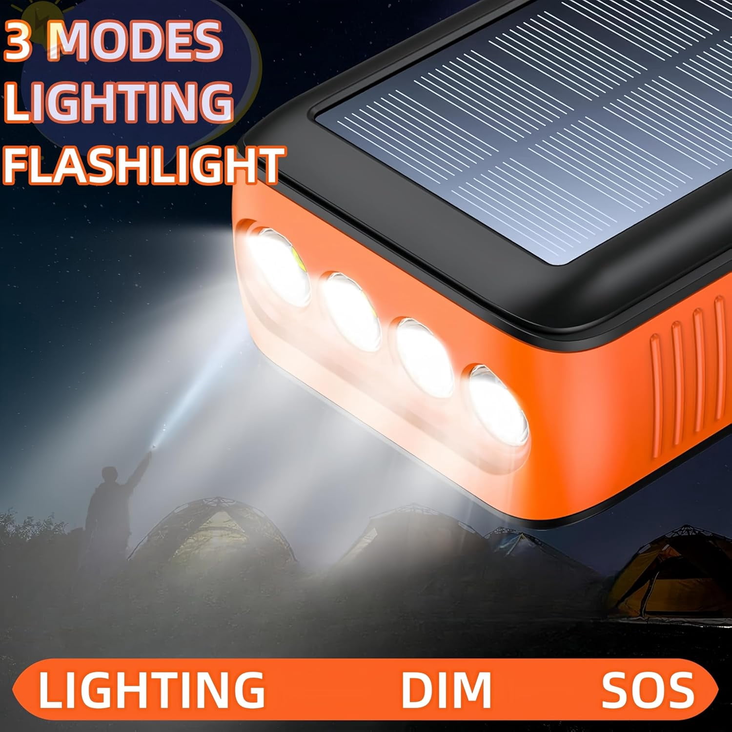 Solar Power Bank with Panel, 63200mAh Camping Power Bank, Hand Crank Charger Dual Outputs Inputs 4 LED Flashlight, Waterproof Outdoor Solar Charging Battery Pack for Hiking Emergency