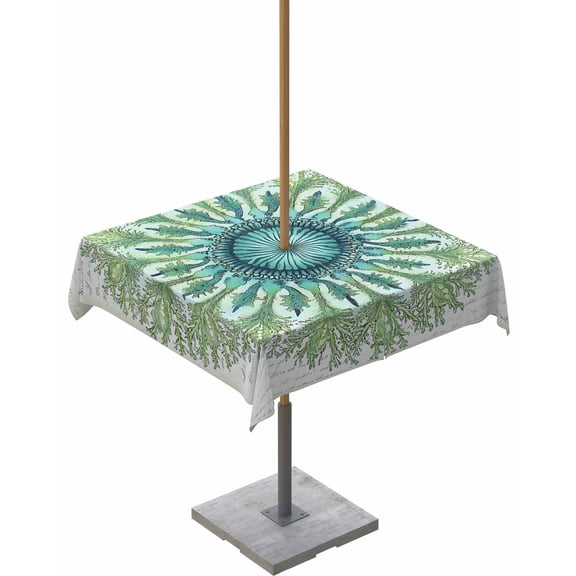 Hokiten Outdoor Tablecloths with Umbrella Hole & Zipper, Green Botanical Circle 60x60 Inch Square Tablecloths, Abstract Art Vintage Waterproof Table Cloth, Patio/Pool/Picnic Table Covers