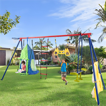 Rainbow Color 6 In1 Swing Set for Age 3 , Outdoor Swing Set with Tent Swing, Climbing Ladder, Basketball Hoop and Soccer Net, Metal Plastic Outdoor Playsets for Outdoor Playground, Blue  Green