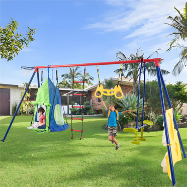 Rainbow Color 6 In1 Swing Set for Age 3 , Outdoor Swing Set with Tent Swing, Climbing Ladder, Basketball Hoop and Soccer Net, Metal Plastic Outdoor Playsets for Outdoor Playground, Blue  Green
