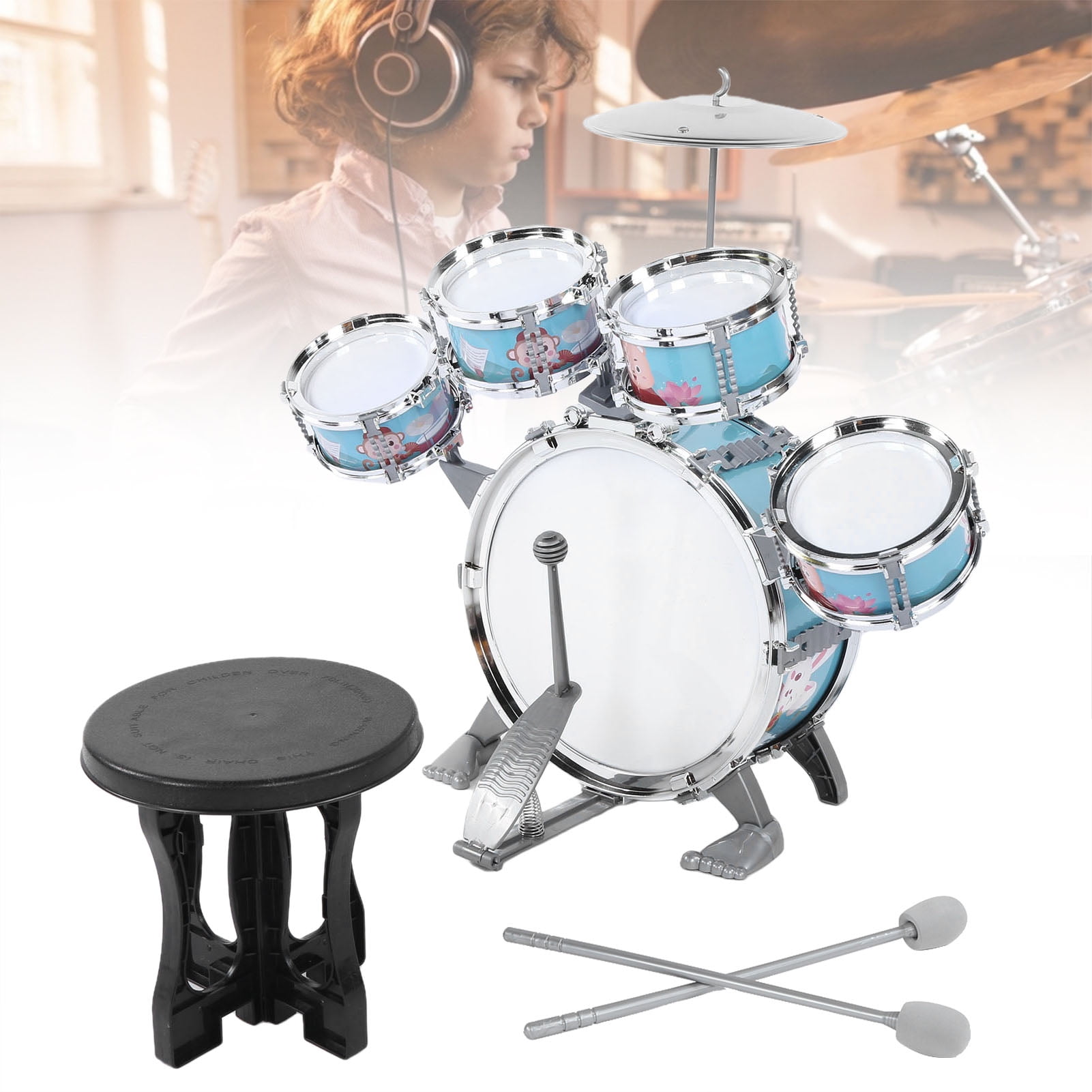 Kids Drum Set, Birthday Gift Cartoon Musical Drum Set, For Children From 1 To 6 Years Old Bleu
