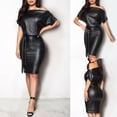 thumbnail image 4 of FOCUSNORM Robe en Cuir PU pour Femme, Couleur Unie, Robe à Épaules Dénudées, 4 of 4