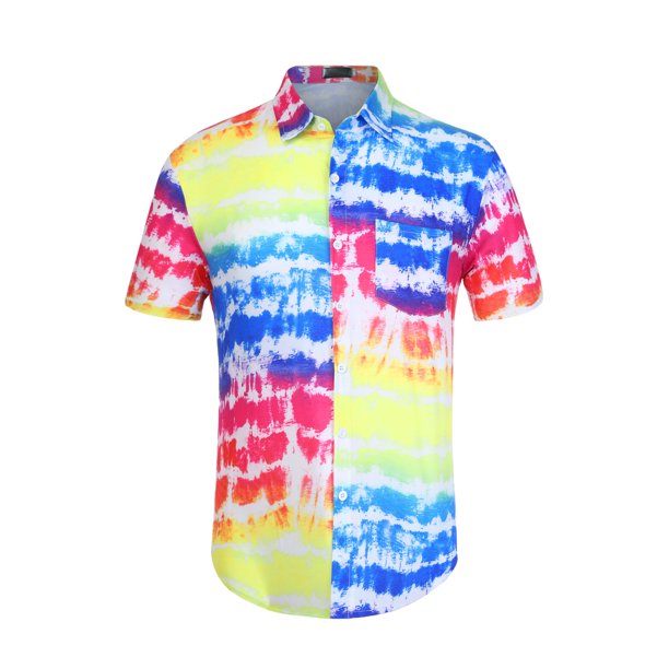 Camisa hawaiana Lars Amadeus a rayas manga corta con botones diseño tie-dye Amarillo azul T S