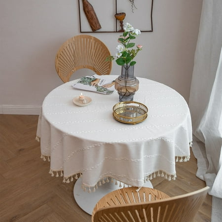 

SIELUNO Round Tablecloth Cotton Linen Circle Tablecloth with Tassel Striped Table Cover for Living Room