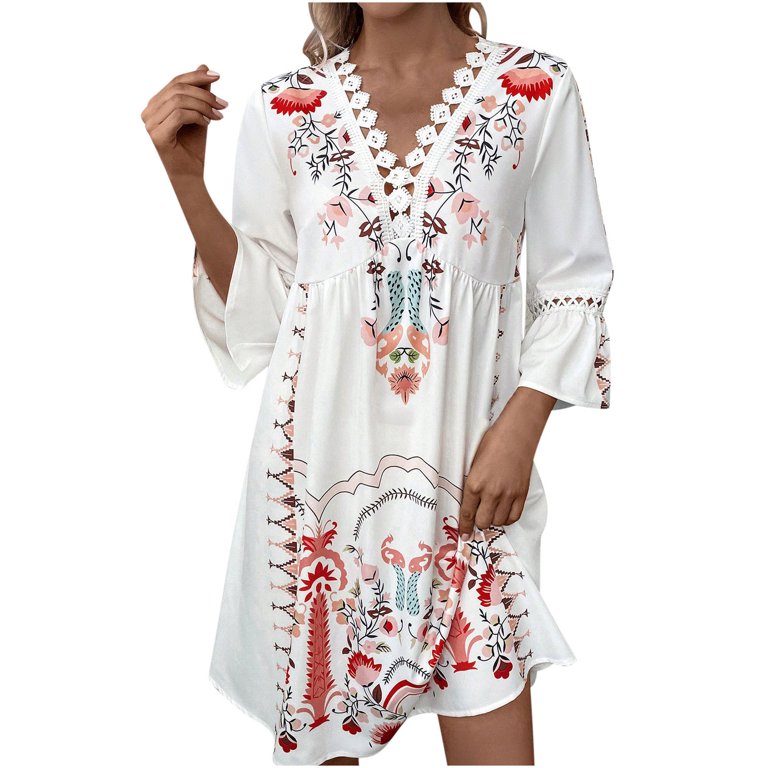 Blczomt Orange Womens Winter Dress Graphic 3/4 Sleeve Casual Mini A Line Loose V Neck Lace Dresses, Women's, Size: 4,6,8,10,12,14,16,18,20
