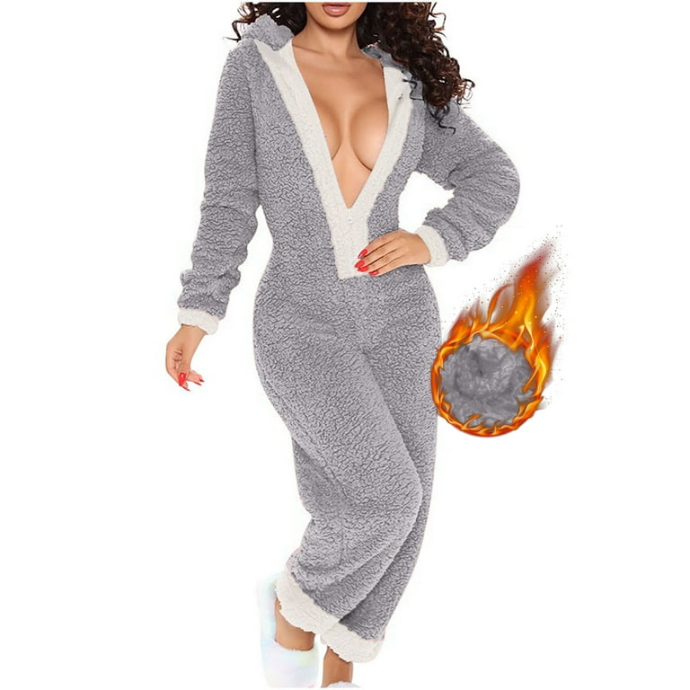 Women Fuzzy Pajamas Women's Long Sleeve Adult Onesie Pajamas Winter Rompers  Sleepwear