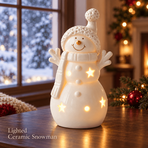 Wodellrrea LED Lighted Ceramic Snowman Figurine, Battery Operated Snowman Decor, Christmas Tabletop Decoration with Warm Glow and Star Cutouts for Mantel, Shelf, Bedroom and Winter Home Decor