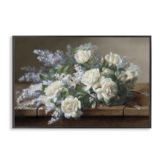 Stupell Industries French Country White Vintage Roses Black Framed Giclee Art, 18 x 12, by Raoul De Longpre