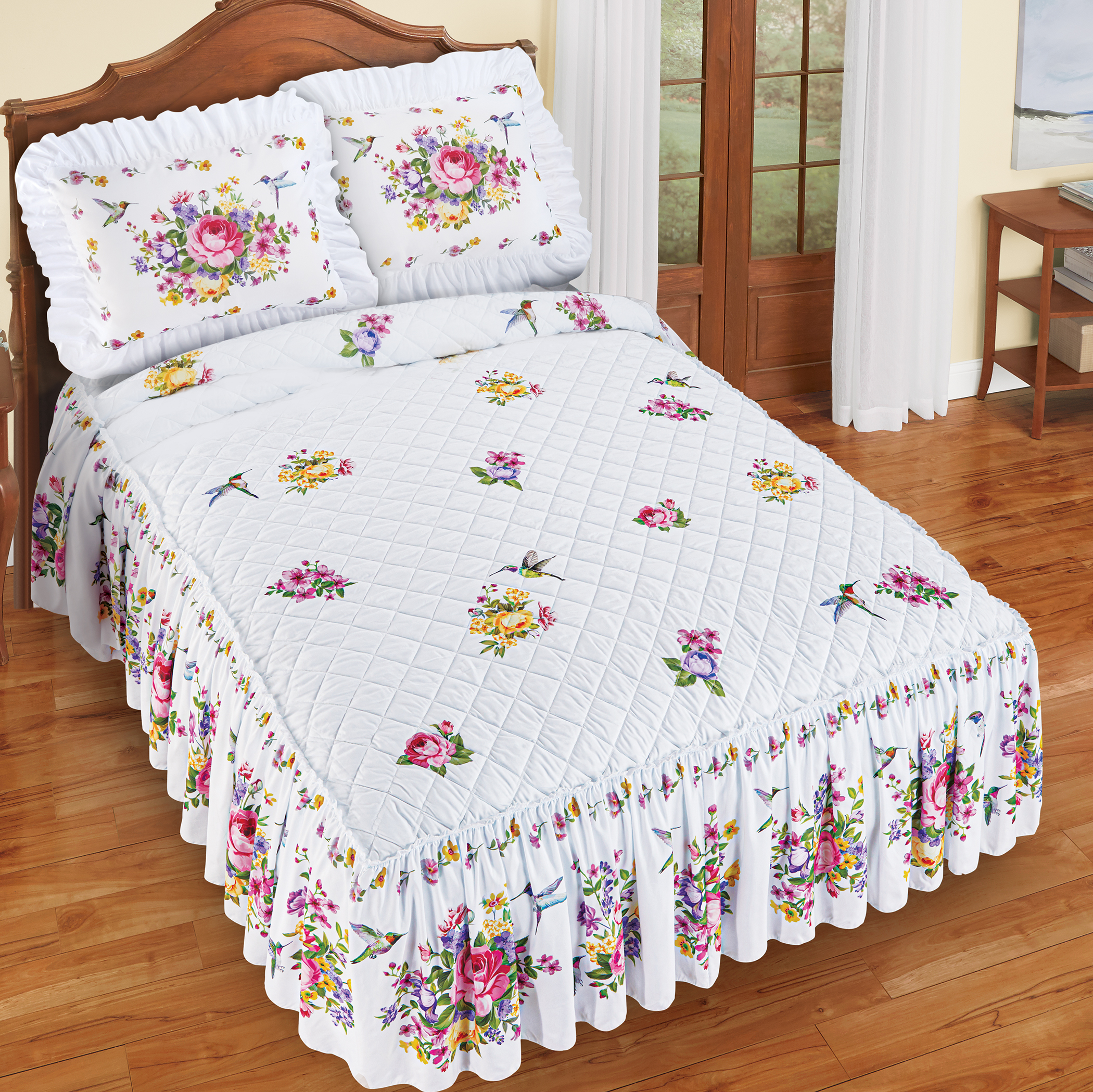 Collections Etc Hummingbird Ruffle Border Quilt-Top Bedspread White Floral Queen
