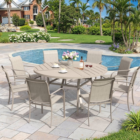 Vicllax 9-Piece Round Outdoor Patio Dining Furniture Set Table and Chair Metal Frame for Porch Deck