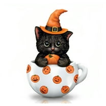 The Hamilton Collection Sweet And Spooky Hand Painted Porcelain Like Shine Halloween Decoration Kitty Teacup Figurine by Kayomi Harai 4-inches
