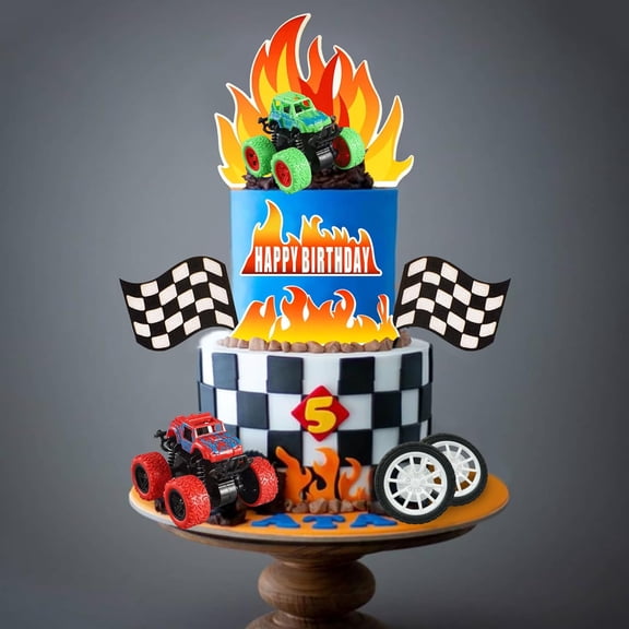 Truck Cake Toppers Truck Cake Decorations Flame Blaze Wheel Race Car Cake Toppers for Truck Themed Racing Car Decorations Supplies (Truck)