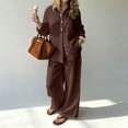 thumbnail image 6 of Linen Blend Long Sleeve Button Down Set for Women, Notched Collar Shirt & Wide Leg Pants - Casual Solid Color Two Piece Lounge Outfit with Pockets Brown S, 6 of 6