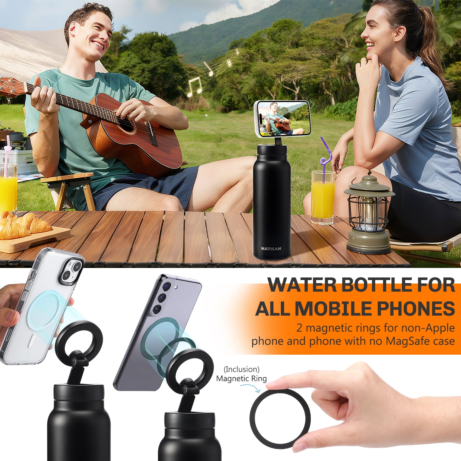 Hatisan 24 oz Insulated Water Bottle, Magnetic Stainless Steel Water Bottle, with Mobile Phone Holder Tripod, Hot for 12H, Cold for 24H(Black)
