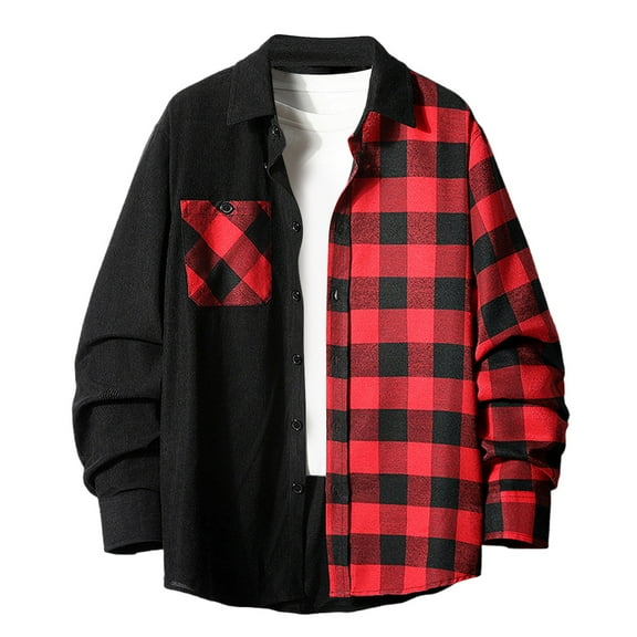 ZCFZJW Men's Plaid Button Up Blouse Top Patchwork Color Block Long Sleeve Lapel Collared Shirts Lightweight Thin Jacket Shirts with Pockets XL