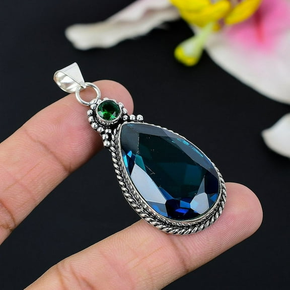 Indicolite Tourmaline Gemstone Handmade 925 Sterling Silver Pendant 2.40"