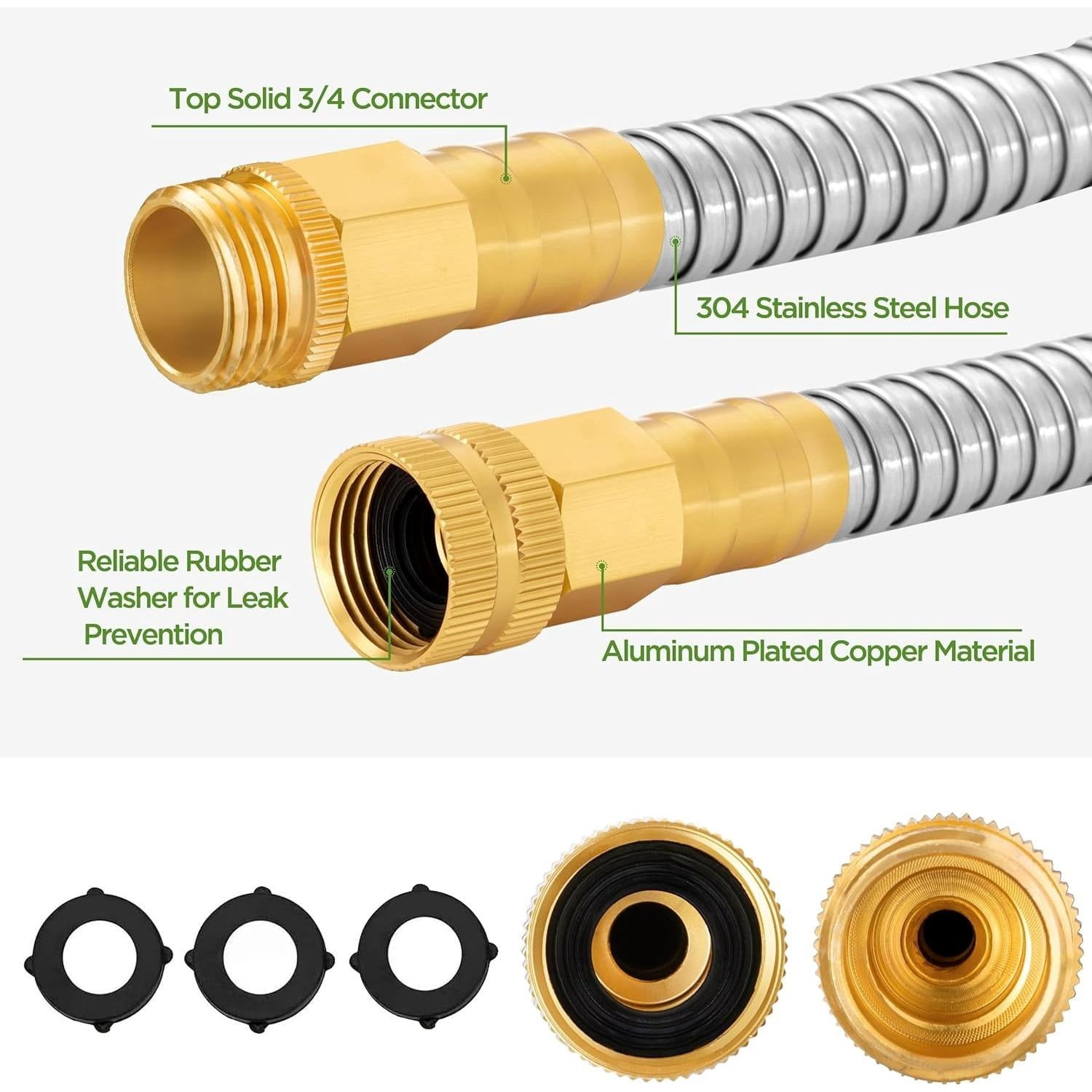 HBlife 125ft 304 Stainless Steel Garden Hose Metal, Heavy Duty Water Pipe with Nozzles for Yard
