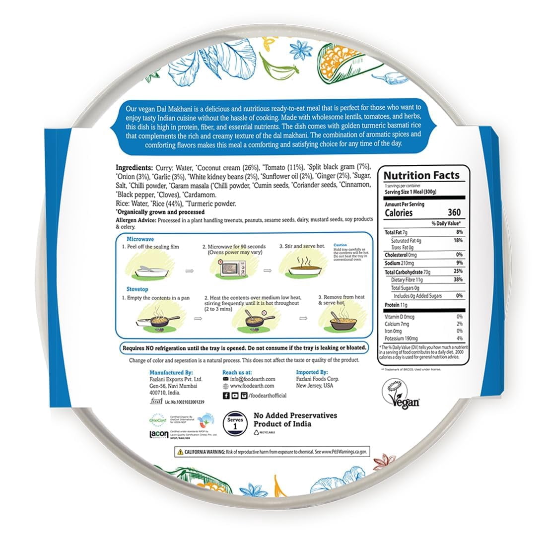 Food Earth -Organic Bombay Lentil Curry with Turmeric Rice Ready to Eat Indian Meal , 100% Organic, Vegan, Gluten-Free, Heat & Serve,10.58 oz, 6 units Shelf Stable