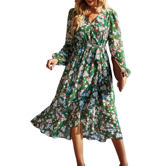 Vestido PRETTYGARDEN Floral Boho Maxi Cruzado de Manga Larga XL