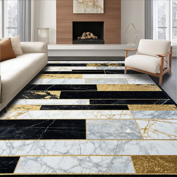 Flatwoven High Traffic Area Rug, Golden Strata Black Gold Layered Rock Design, Non Slip, Stain Resistant, Washable Area Rugs for Living Room, Bedroom(Black, 4X6)