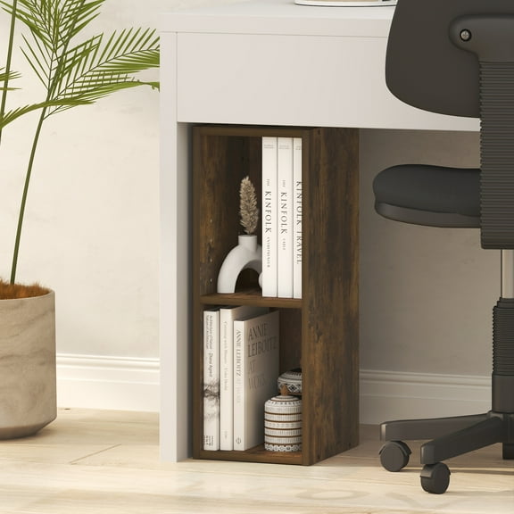 Furinno FULDA Book Shelf, 2-Tier Narrow Bookshelf, Bookcase with 8-In Width Storage Shelf, 9.3 x 7.9 x 21.2, for Living Room, Bedroom, Home Office, Amber Pine