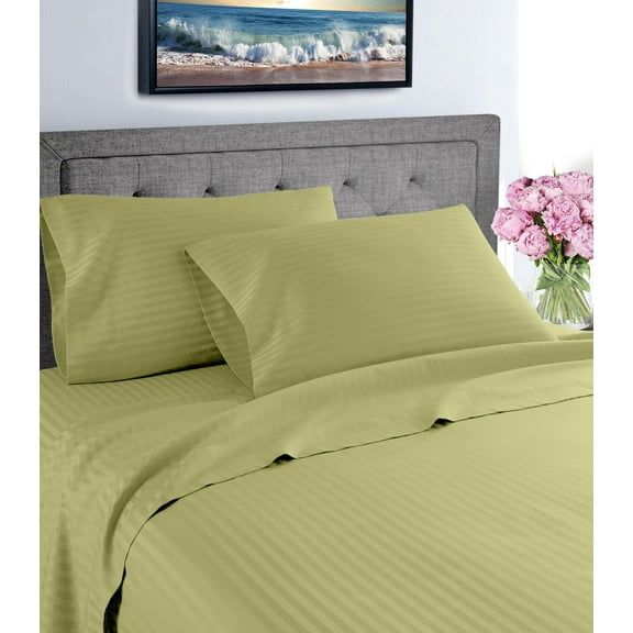 Fresh Linen Collection 600 Thread Count Hotel Striped 100% Egyptian Quality Cotton Deep Pocket Sheet Set (King, Sage)