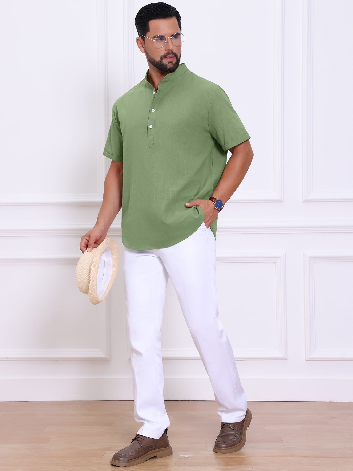 DARING DIVA Men's Solid Color Stand Collar Short Sleeve Henley Shirts 2XL Olive Green