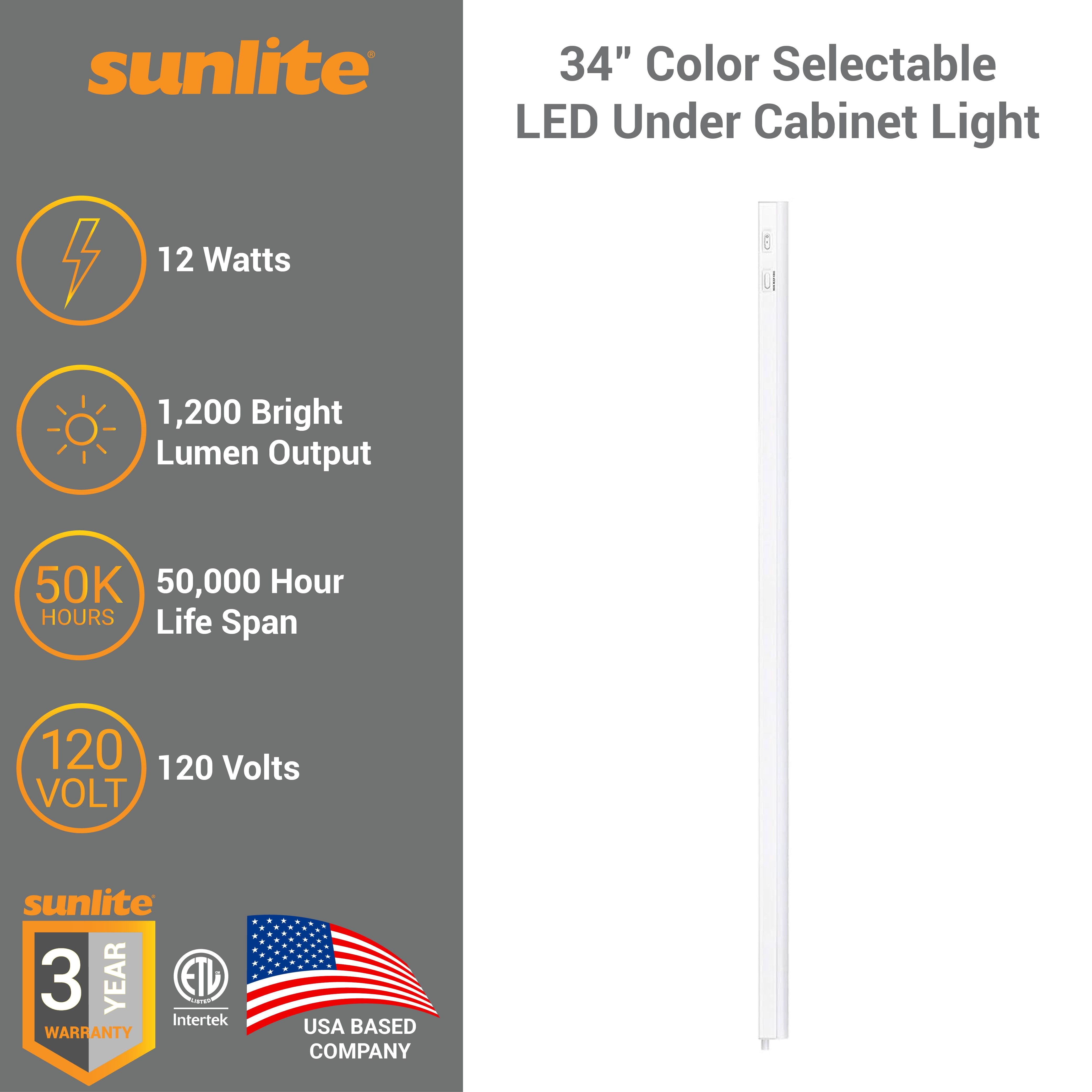 Sunlite LED Linkable Under Cabinet Light Fixture, Adjustable Color 30K/40K/50K, 12 Watts, 1200 Lumens, Kitchens, Bathrooms, Offices, Workbenches, ETL Listed, 34 inch, CCT