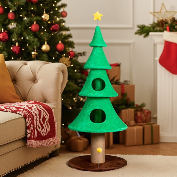 59in Large Tall Christmas Tree Cat Tower, 2 Cat Houses, Soft Fleece, Teaser Toy, Sisal Scratching Post, Stable Multi-Level Activity Center for Cats