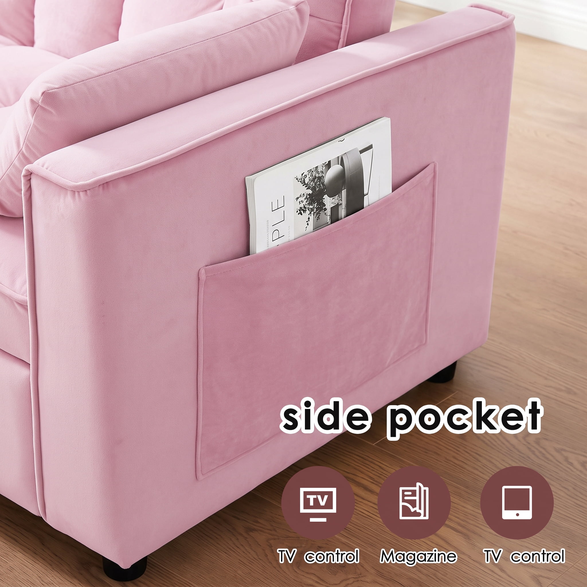 avobird 3 in 1 Convertible Sleeper Futon Sofa Bed, 55" Pull Out Sofa Bed with Storage Pocket/Side Pocket/2 Pillows for Living Room, Pink