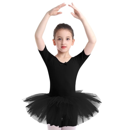 inhzoy Toddler Girls Tutu Dress Ballet Dance Leotard Short Sleeves Tulle Dress Bodysuit Black 12-14