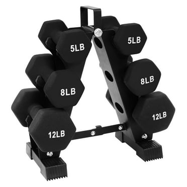 Multi-Color or Black Neoprene Coated Hexagon Dumbbell Set with Stand, Multiple Sizes