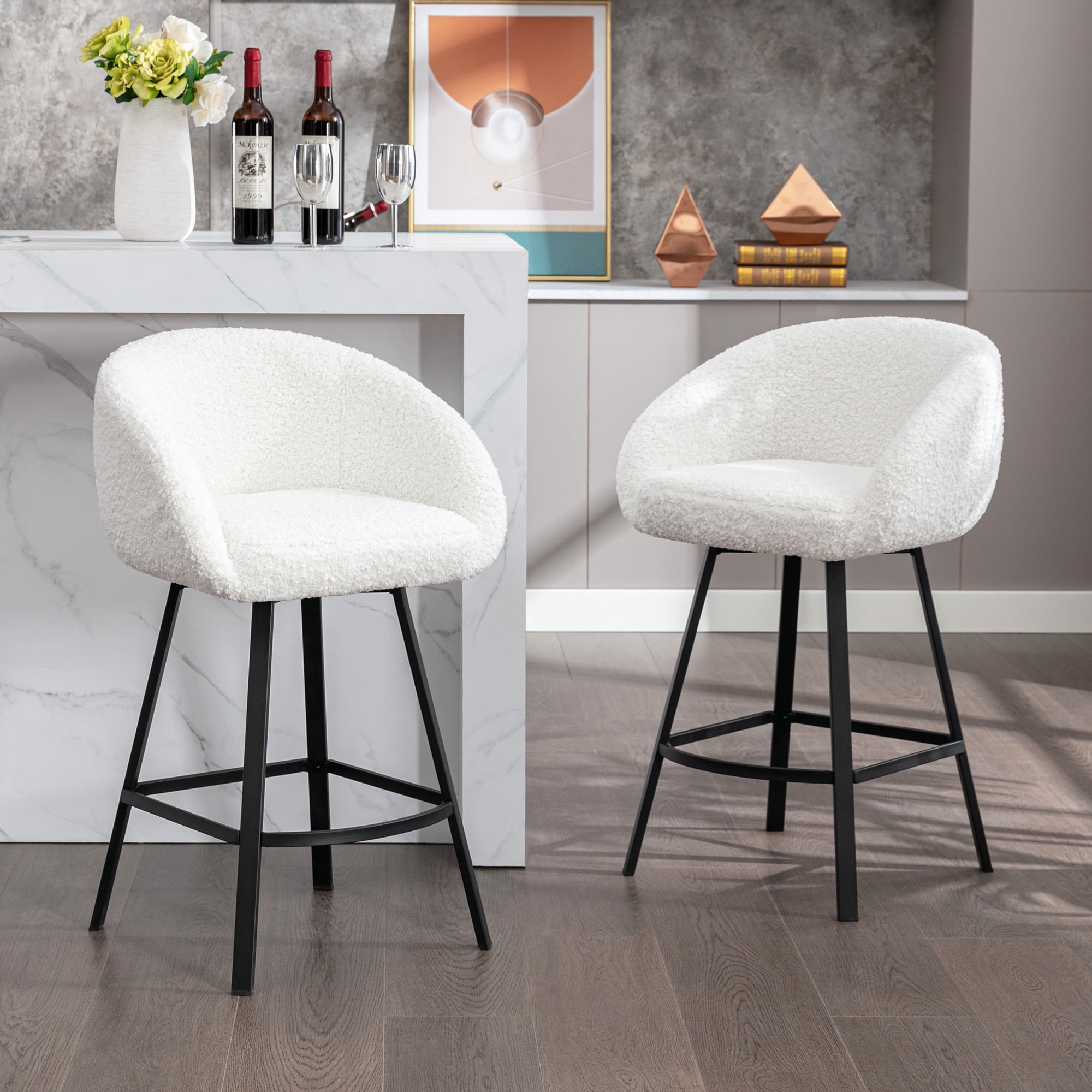 Zesthouse Swivel Counter Height Bar Stools Set of 1, 26.4" Counter Height Sherpa Upholstered Barstools with Barrel Back and Arms, Modern Counter Stool for Pub Kitchen Island, White